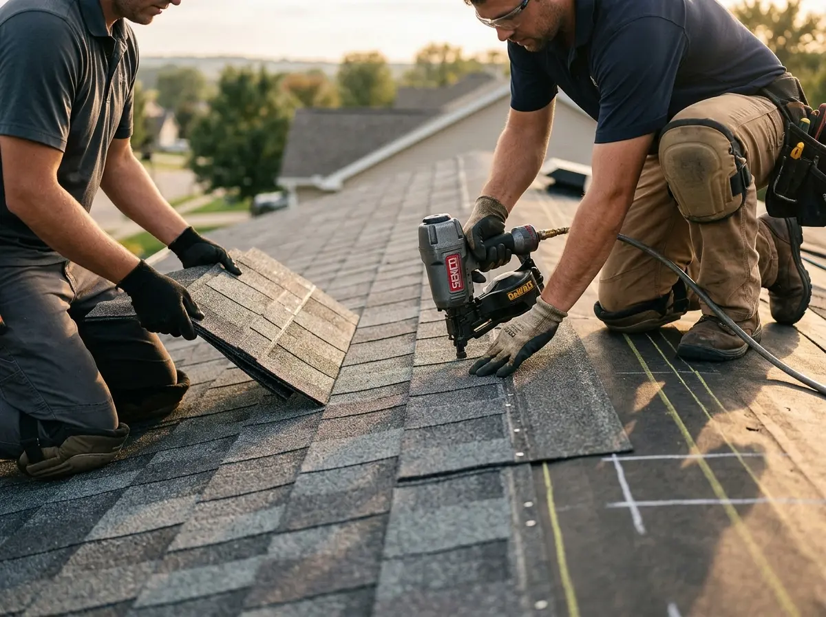 Professional roofer working on a residential roof in Pleasanton